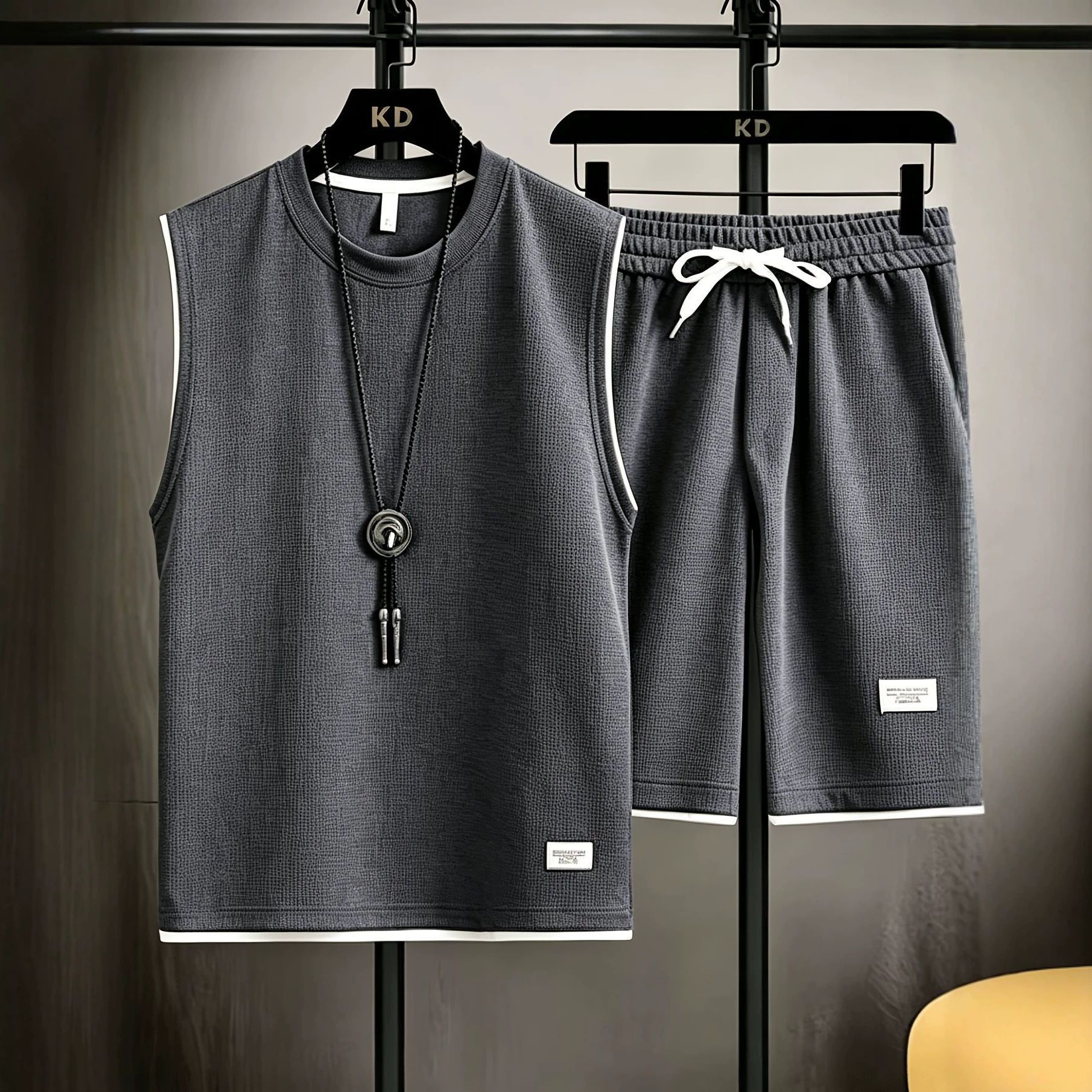 Men'S Fashion - ชุดเสื้อกั๊กและกางเกงขาสั้นผู้ชายสำหรับฤดูร้อน คุณภาพสูง ชุดออกกำลังกาย ชุดกีฬาวิ่ง ผ้าตาข่าย แห้งเร็ว