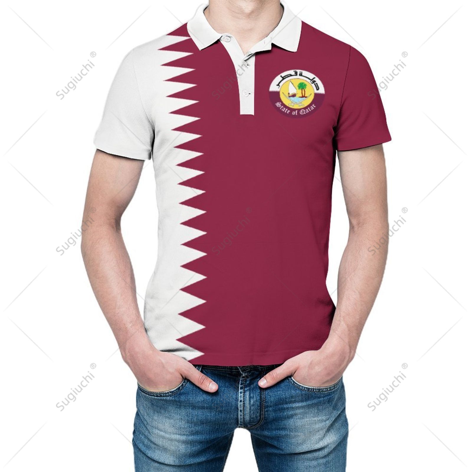 Men'S Fashion Qatar - เสื้อโปโลยูนิเซ็กซ์ ลายธงชาติกาตาร์ พิมพ์ลาย 3 มิติ เสื้อโปโลแฟชั่นชาย