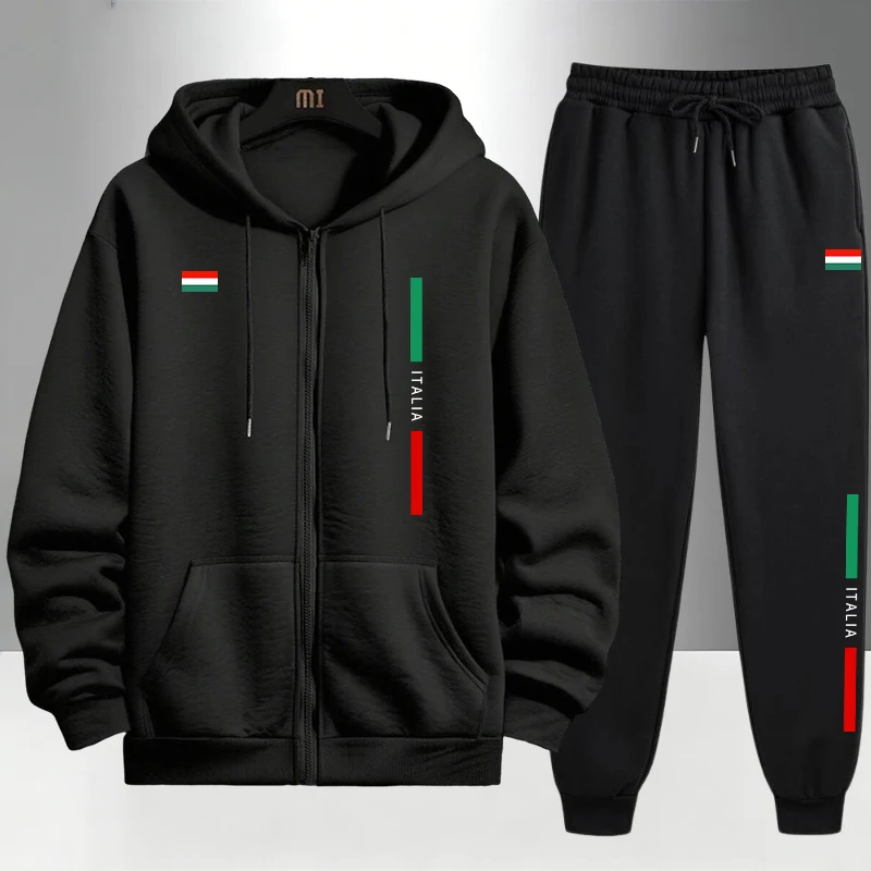 Men'S Fashion Outfits - ชุดแฟชั่นผู้ชายสไตล์อิตาลี เสื้อแจ็คเก็ตซิปและกางเกงวอร์ม ชุดลำลองสำหรับฤดูใบไม้ร่วงและฤดูหนาว เหมาะสำหรับใส่เล่นกีฬา ชุดฮู้ดดี้สุดเท่ห์ ทันสมัย