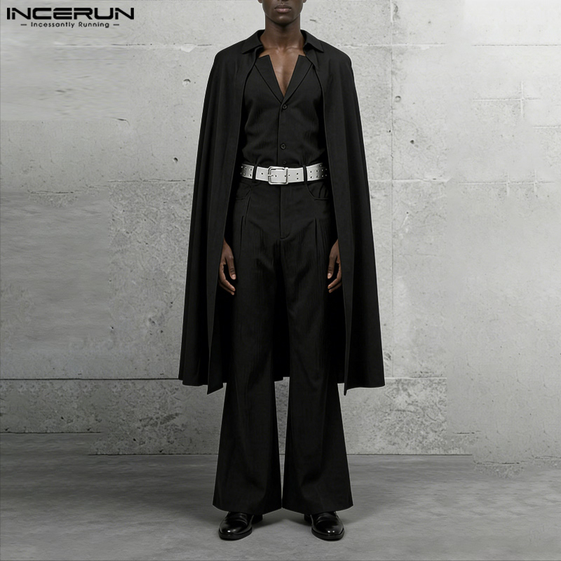 Mens Fashion Streetwear - ชุดเซ็ตผู้ชาย INCERUN สีพื้น ปกเสื้อแบบปกเชิ้ต แขนยาว เสื้อคลุมทรงยาว