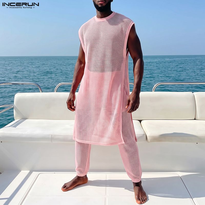Men'S Fashion - ชุดเซ็ตผู้ชาย INCERUN เสื้อกั๊กตาข่ายซีทรูแขนกุดทรงไม่สมมาตรพร้อมกางเกง ชุดสองชิ้น สตรีทแวร์เซ็กซี่ แฟชั่นปี