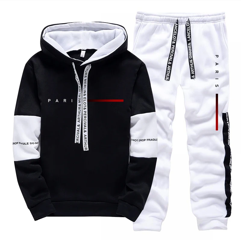 Mens Fashion Streetwear - ชุดฮู้ดดี้แฟชั่นสไตล์ปารีสสำหรับผู้ชาย เสื้อฮู้ดและกางเกงขายาวลำลอง ใส่ได้ทุกฤดู เหมาะสำหรับใส่ในชีวิตประจำวัน ออกกำลังกาย หรือเล่นกีฬา
