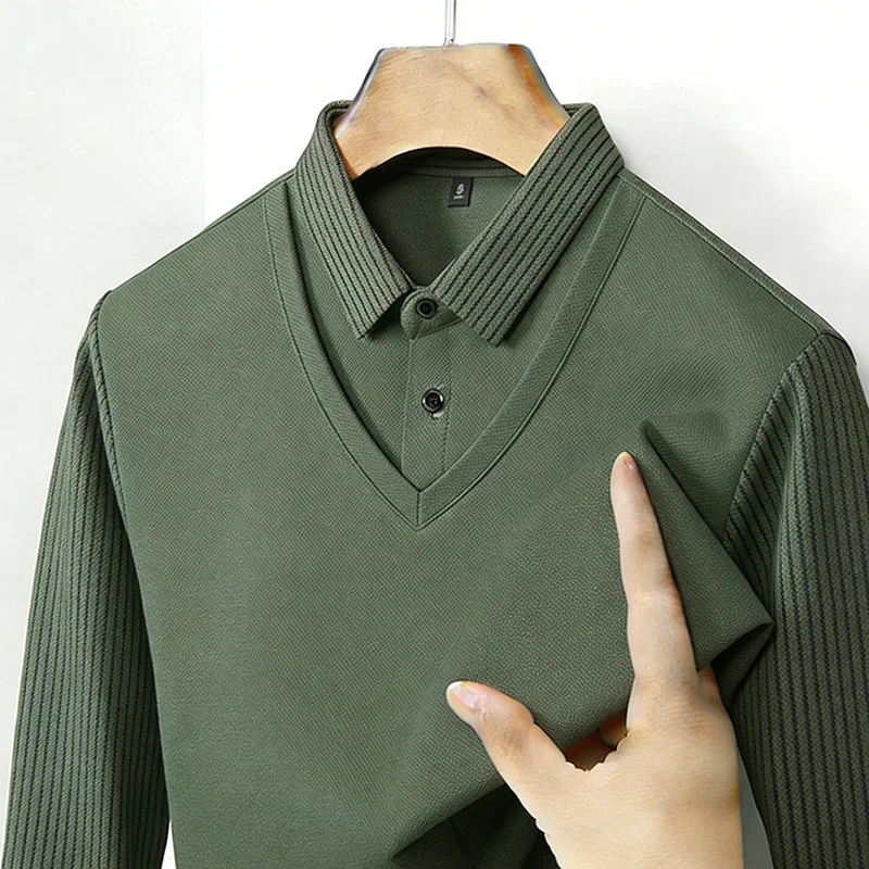 Men'S Tops Fashion - เสื้อเชิ้ตผู้ชายคอวีแขนยาวลายทางสีกากี ผ้าเนื้อนุ่ม สไตล์ลำลอง แฟชั่น ใส่ได้ทุกวัน