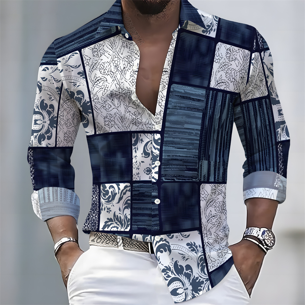 Men'S Fashion Outfits - เสื้อเชิ้ตแขนยาวพิมพ์ลายบล็อกสีสไตล์หรูหราสำหรับผู้ชาย เสื้อเชิ้ตแฟชั่นทรงหลวมแบบลำลองสำหรับธุรกิจ