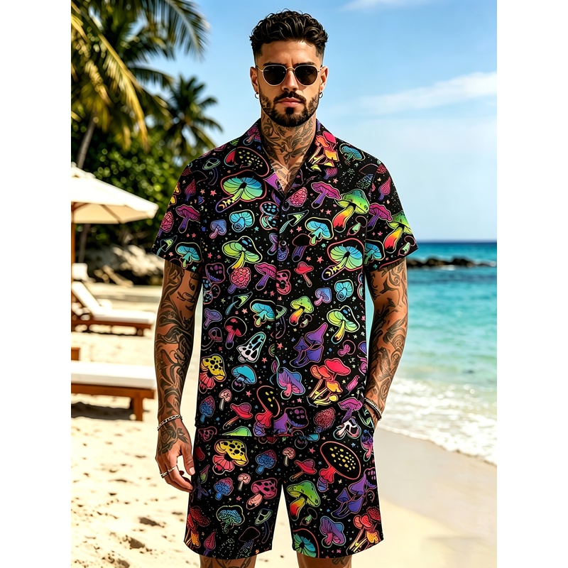 Mens Fashion Streetwear - แฟชั่นบุรุษ ชุดสูทพิมพ์ลายเห็ด 3 มิติ รุ่นลำลองพร้อมผ้าที่สวมใส่สบาย พิมพ์ลายดิจิตอล