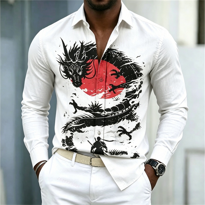 Mens Fashion Black Shirt - เสื้อเชิ้ตผู้ชายลายมังกรสีขาวดำแดงตัดกัน รุ่นใหม่ปี 2026 สไตล์สตรีทแฟชั่นลำลองธุรกิจ แขนยาว เสื้อผ้าผู้ชาย