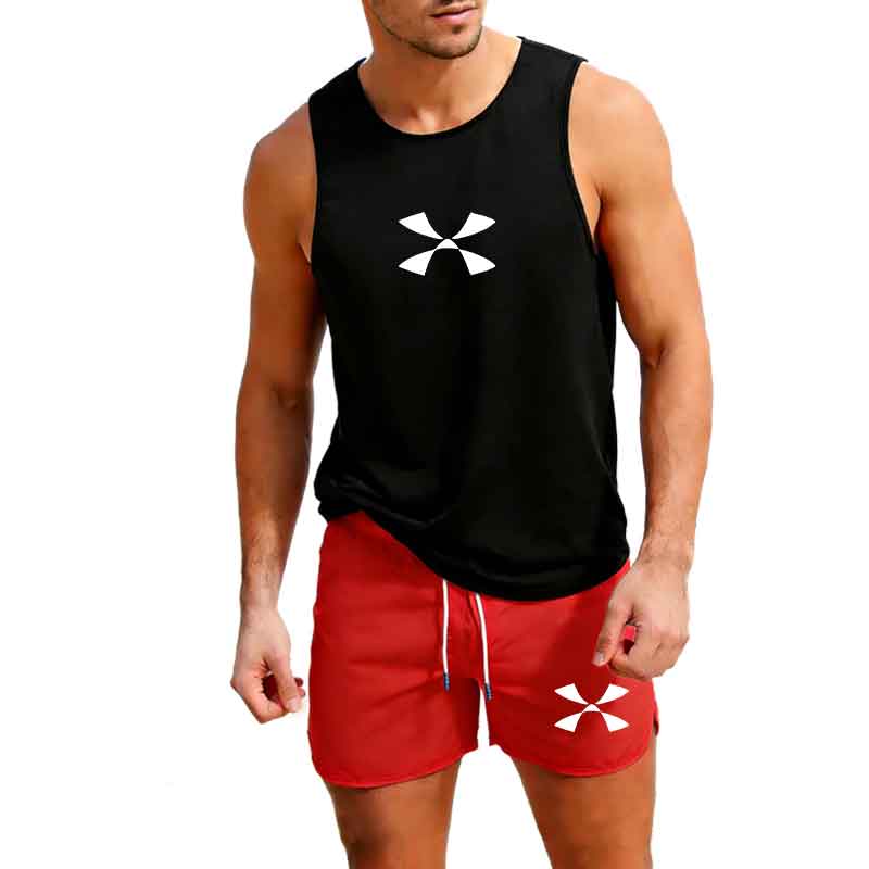 Men'S Fashion - ชุดกีฬาวิ่งออกกำลังกายกลางแจ้ง เสื้อกั๊ก+กางเกงขาสั้น 2 ชิ้น ชุดลำลองแฟชั่นฤดูร้อน ชุดเซ็ตชายหาดเล่นเซิร์ฟ