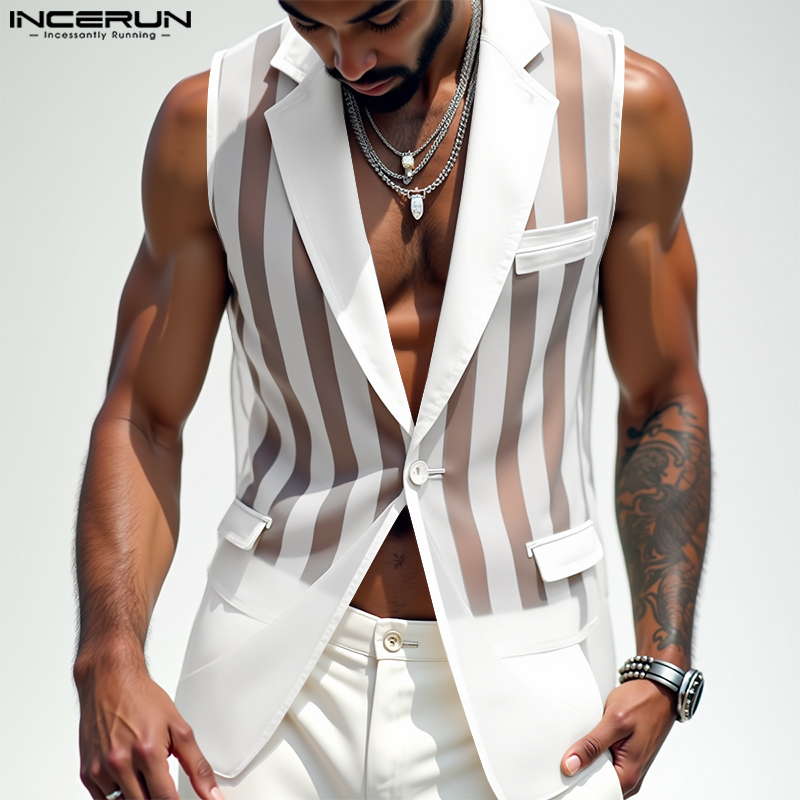 Men'S Fashion Outfits - ผู้ชายเสื้อตาข่ายลายโปร่งใสเซ็กซี่Lapelแขนกุดหนึ่งปุ่มชายเสื้อกั๊กStreetwear 2025 แฟชั่นสบายๆเสื้อINCERUN