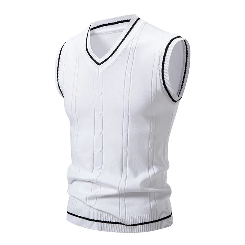 Men'S Fashion V Neck Sweater - เสื้อกั๊กไหมพรมคอวีผู้ชายทรงเข้ารูป แขนกุด สไตล์ลำลองแฟชั่น เสื้อไหมพรมผู้ชาย