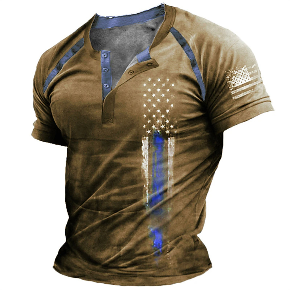 Men'S Fashion Outfits - เสื้อเชิ้ตเฮนรี่พิมพ์ลายธงชาติอเมริกัน 3 มิติ สไตล์ตลกๆ สำหรับผู้ชาย แฟชั่นคอเฮนรี่