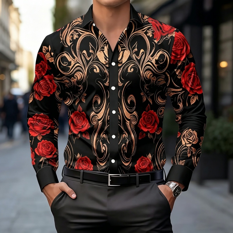 Men'S Fashion - เสื้อเชิ้ตแฟชั่นผู้ชายปี 2026 ลายพิมพ์หรูหราสไตล์เรโทร ทรงเข้ารูป แขนยาว เสื้อเชิ้ตทำงานลำลองแฟชั่นสำหรับผู้ชาย