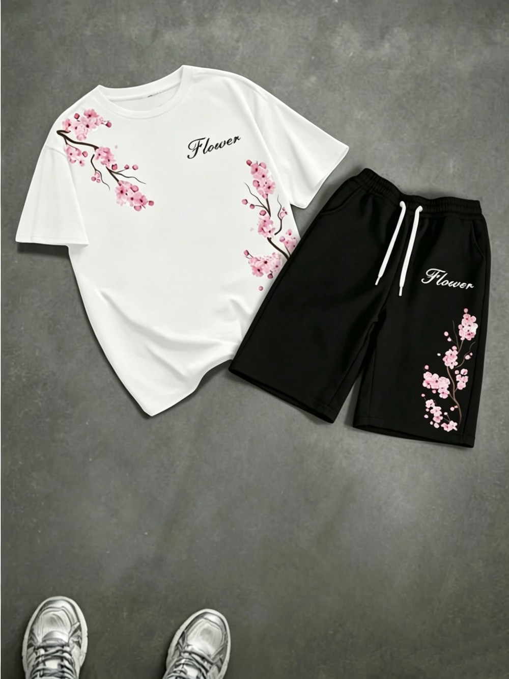 Men'S Fashion Trends 2025 - เสื้อยืดคอกลมพิมพ์ลายดอกเชอร์รี่ฤดูร้อนสำหรับผู้ชาย ชุดกางเกงขาสั้นมีเชือกผูก ใส่สบาย ระบายอากาศได้ดี เหมาะสำหรับใส่ลำลองกลางแจ้ง