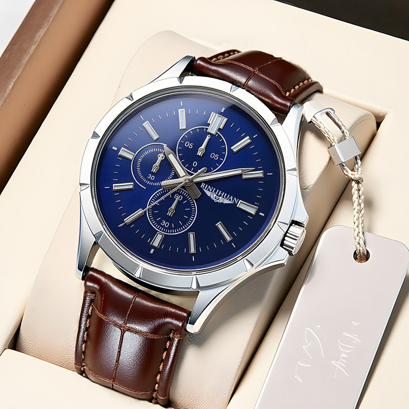 Mens Fashion Blog - นาฬิกาควอทซ์โครโนกราฟสำหรับผู้ชาย หน้าปัดสีน้ำเงิน สายหนังสีน้ำตาล นาฬิกาข้อมือธุรกิจกันน้ำสำหรับผู้ชาย