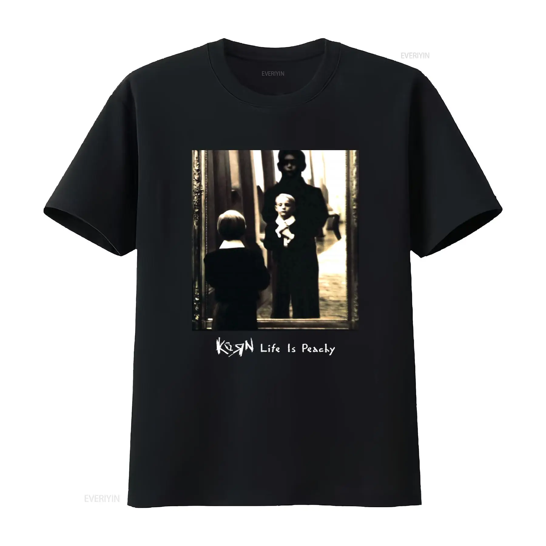 Mens Fashion Black Shirt - เสื้อยืดคอตตอนพิมพ์ลาย Korn Life Is Peachy Retro
