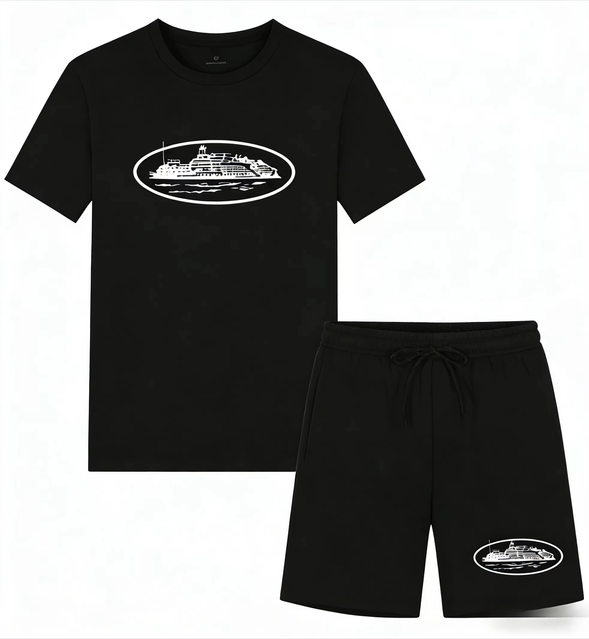 Men'S Fashion Trends 2025 - เสื้อยืดและกางเกงขาสั้นพิมพ์ลายเรือเล็กๆ รุ่นใหม่ประจำฤดูร้อนปี 2026 ทรงหลวม คอกลม ระบายอากาศได้ดี