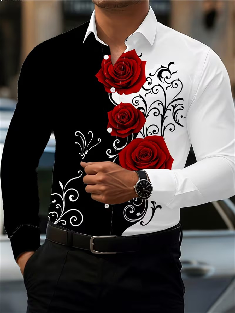 Men'S Fashion - เสื้อเชิ้ตแขนยาวพิมพ์ลายดอกกุหลาบสีแดงสำหรับผู้ชาย ทันสมัยและลำลอง