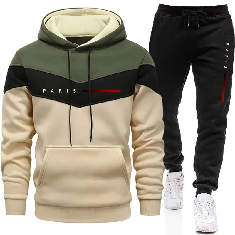 Mens Fashion Streetwear - ชุดฮู้ดดี้แฟชั่นผู้ชายสไตล์ปารีส เสื้อฮู้ดและกางเกงจ็อกเกอร์ลำลองสำหรับใส่ในชีวิตประจำวัน ชุดวอร์มเทรนด์เมืองสำหรับผู้ชาย