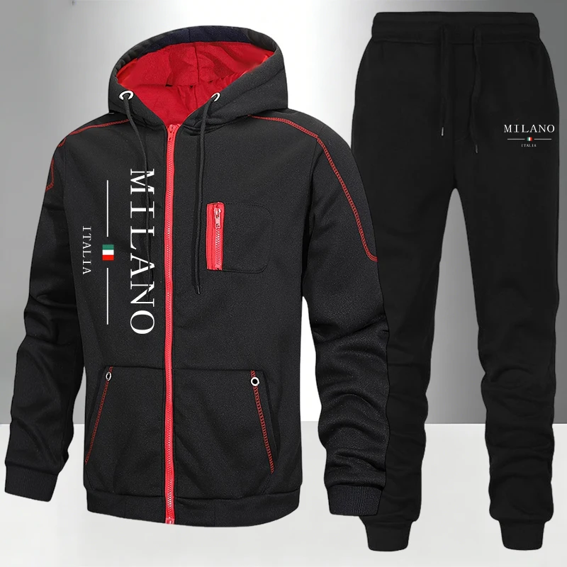 Men'S Fashion Outfits - ชุดแฟชั่นผู้ชายสไตล์อิตาลี/เสื้อโค้ท/กางเกงขายาว สำหรับฤดูใบไม้ร่วงและฤดูหนาว ชุดลำลองสำหรับใส่ทุกวัน ชุดกีฬาแบบมีซิป ชุดวอร์มสำหรับขี่มอเตอร์ไซค์กลางแจ้ง เสื้อฮู้ดกันหนาว