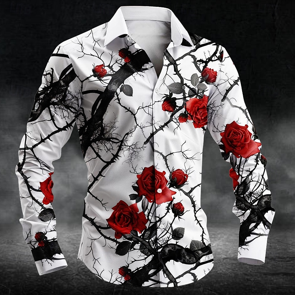 Men'S Fashion - เสื้อเชิ้ตลายดอกพลัมแฟชั่น พิมพ์ลาย 3 มิติ แขนยาวสำหรับผู้ชาย เสื้อเชิ้ตศิลปะ