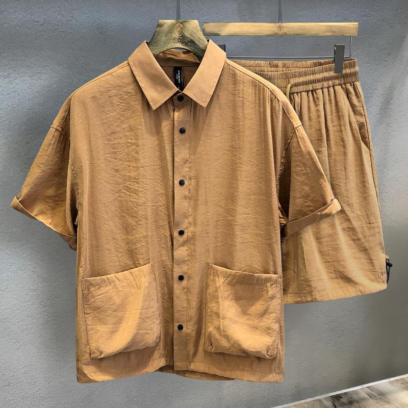 Men'S Fashion Outfits - ชุดกีฬาผ้าไอซ์ซิลค์เย็นสบายสำหรับผู้ชาย ชุดลำลองฤดูร้อน ไซส์ใหญ่พิเศษ รองรับน้ำหนักได้ถึง 661 ปอนด์