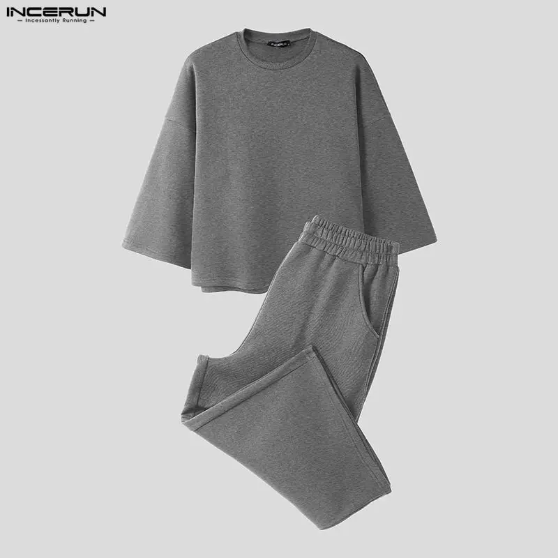 ชุดเซ็ตผู้ชาย INCERUN สีพื้น เ - Mens Fashion Streetwear บทวิจารณ์และราคา