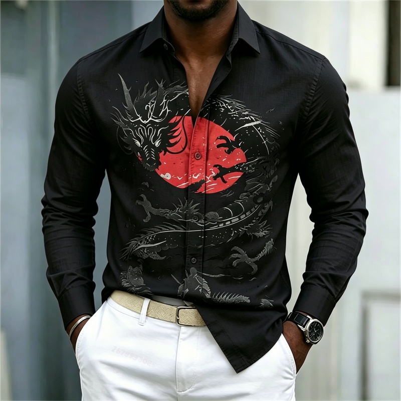 เสื้อเชิ้ตผู้ชายลายมังกรสีขาวด - Mens Fashion Black Shirt บทวิจารณ์และราคา