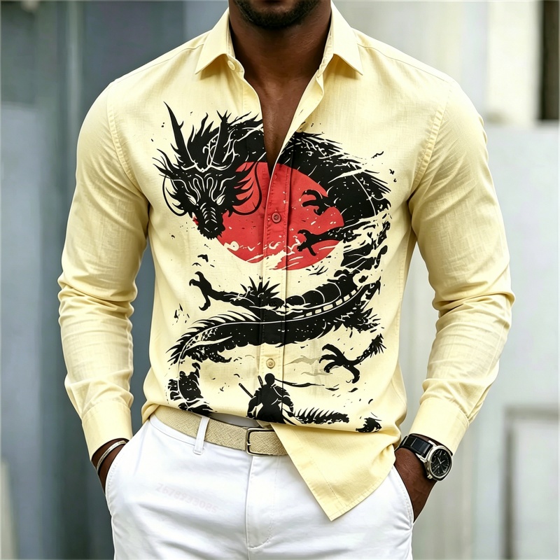 เสื้อเชิ้ตผู้ชายลายมังกรสีขาวด - Mens Fashion Black Shirt บทวิจารณ์และราคา