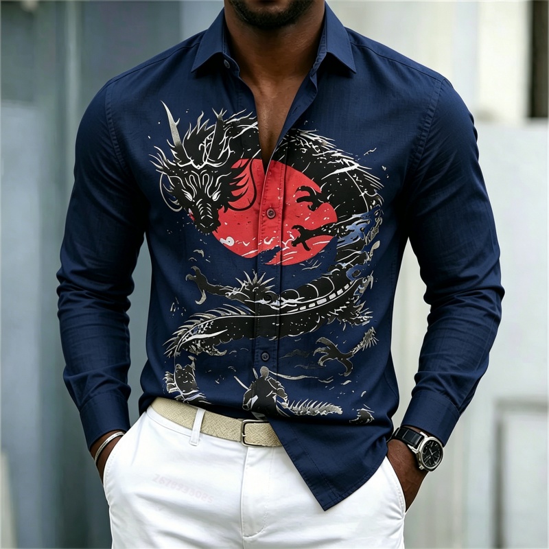 เสื้อเชิ้ตผู้ชายลายมังกรสีขาวด - Mens Fashion Black Shirt บทวิจารณ์และราคา
